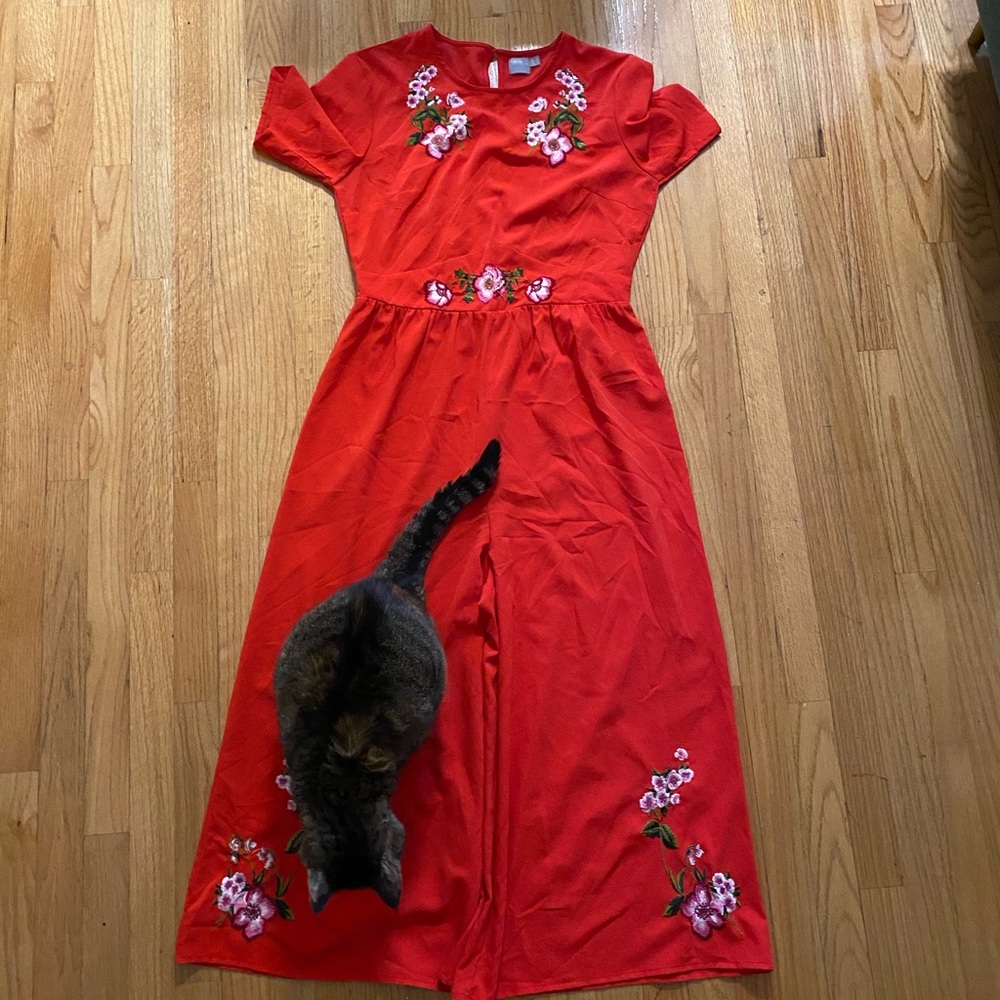 Red Jumpsuit with Floral Embroidery